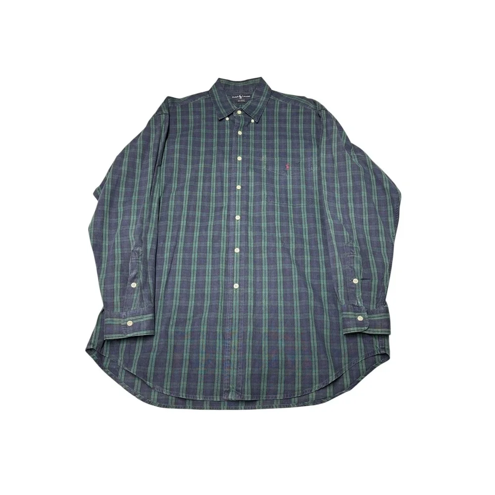 Ralph Lauren Big Shirt Mens Large Green Navy Blue Plaid Cotton Button Down Logo